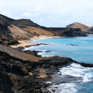 The volcanic mountains and rocky coastline of the Galápagos Islands.